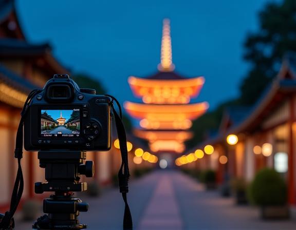 夜の八坂の塔を撮影するカメラ